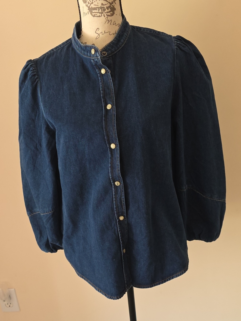 & Other Stories Dark Blue Denim Button-Front Puff Sleeve Blouse